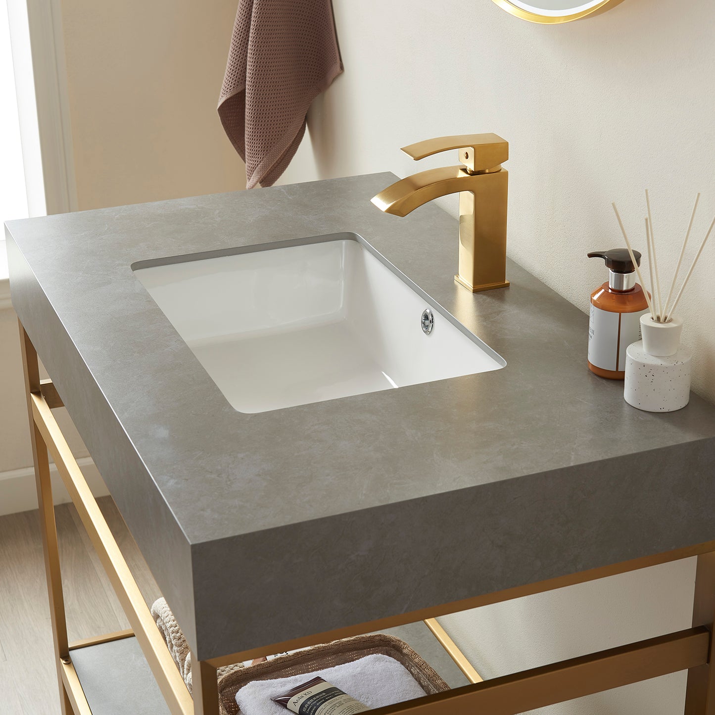 Vinnova, Funes 36" Single Sink Bath Vanity in Brushed Gold Metal Support with Grey Sintered Stone Top and Mirror