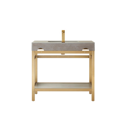 Vinnova, Funes 36" Single Sink Bath Vanity in Brushed Gold Metal Support with Grey Sintered Stone Top and Mirror
