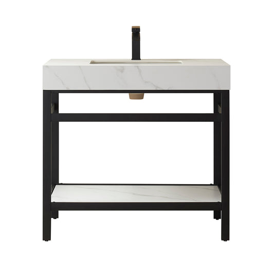 Vinnova, Funes 36" Single Sink Bath Vanity in Matt Black Metal Support with White Sintered Stone Top