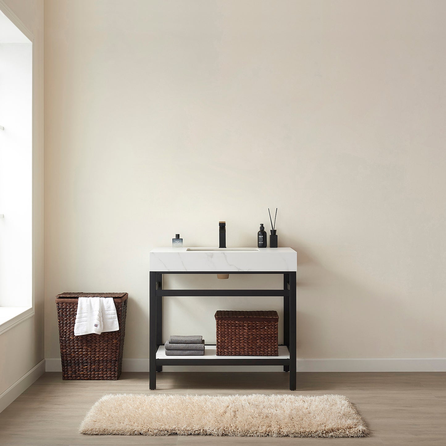 Vinnova, Funes 36" Single Sink Bath Vanity in Matt Black Metal Support with White Sintered Stone Top