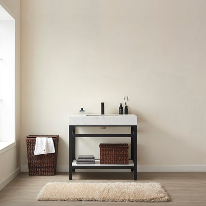 Vinnova, Funes 36" Single Sink Bath Vanity in Matt Black Metal Support with White Sintered Stone Top