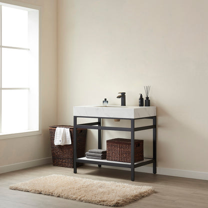 Vinnova, Funes 36" Single Sink Bath Vanity in Matt Black Metal Support with White Sintered Stone Top