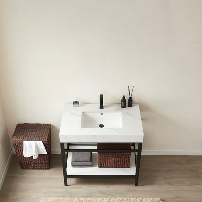 Vinnova, Funes 36" Single Sink Bath Vanity in Matt Black Metal Support with White Sintered Stone Top