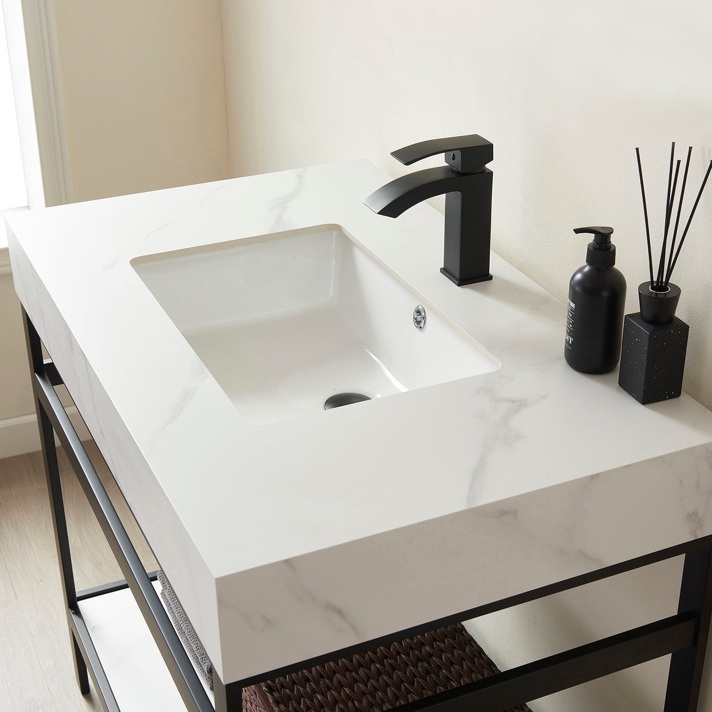 Vinnova, Funes 36" Single Sink Bath Vanity in Matt Black Metal Support with White Sintered Stone Top