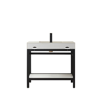 Vinnova, Funes 36" Single Sink Bath Vanity in Matt Black Metal Support with White Sintered Stone Top