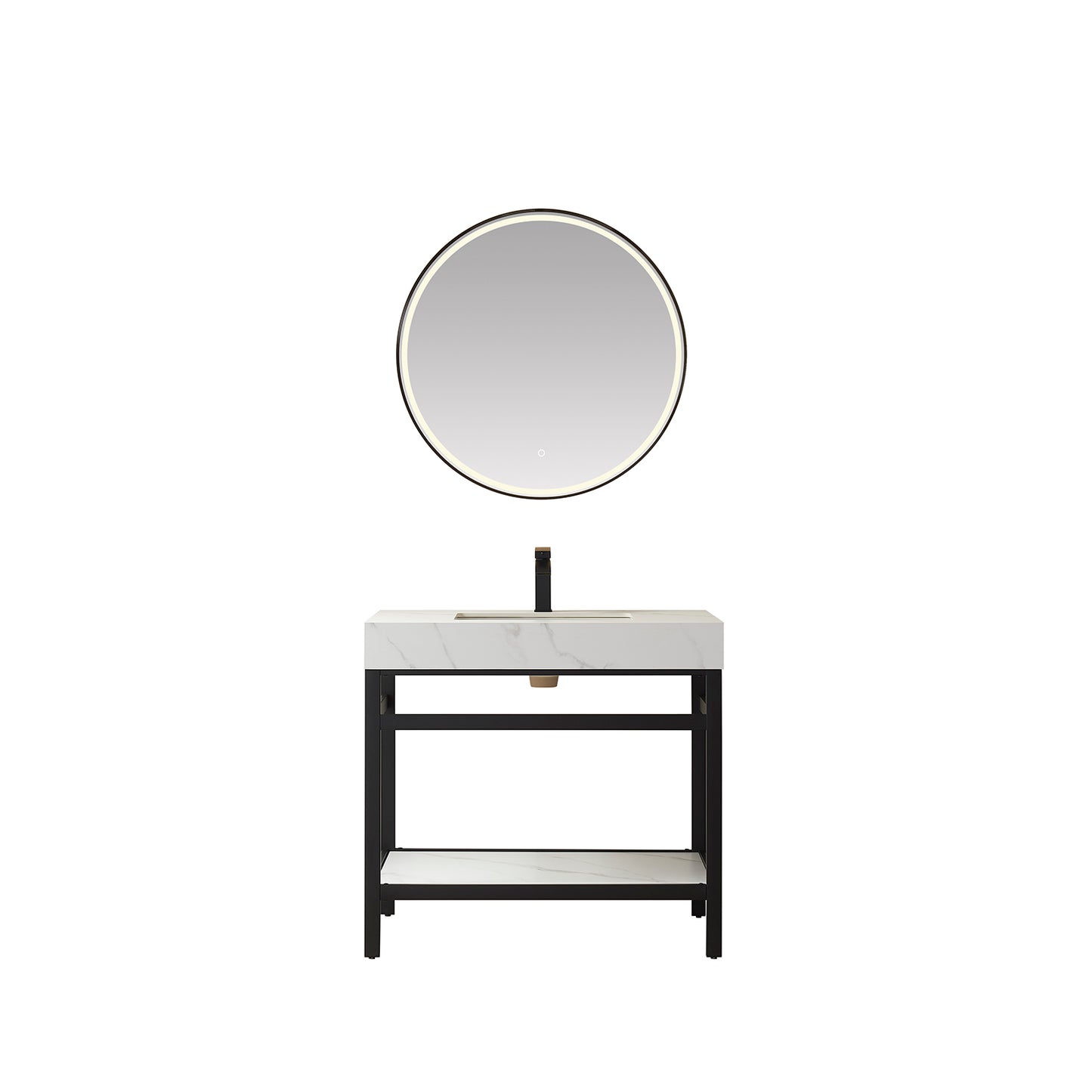 Vinnova, Funes 36" Single Sink Bath Vanity in Matt Black Metal Support with White Sintered Stone Top and Mirror