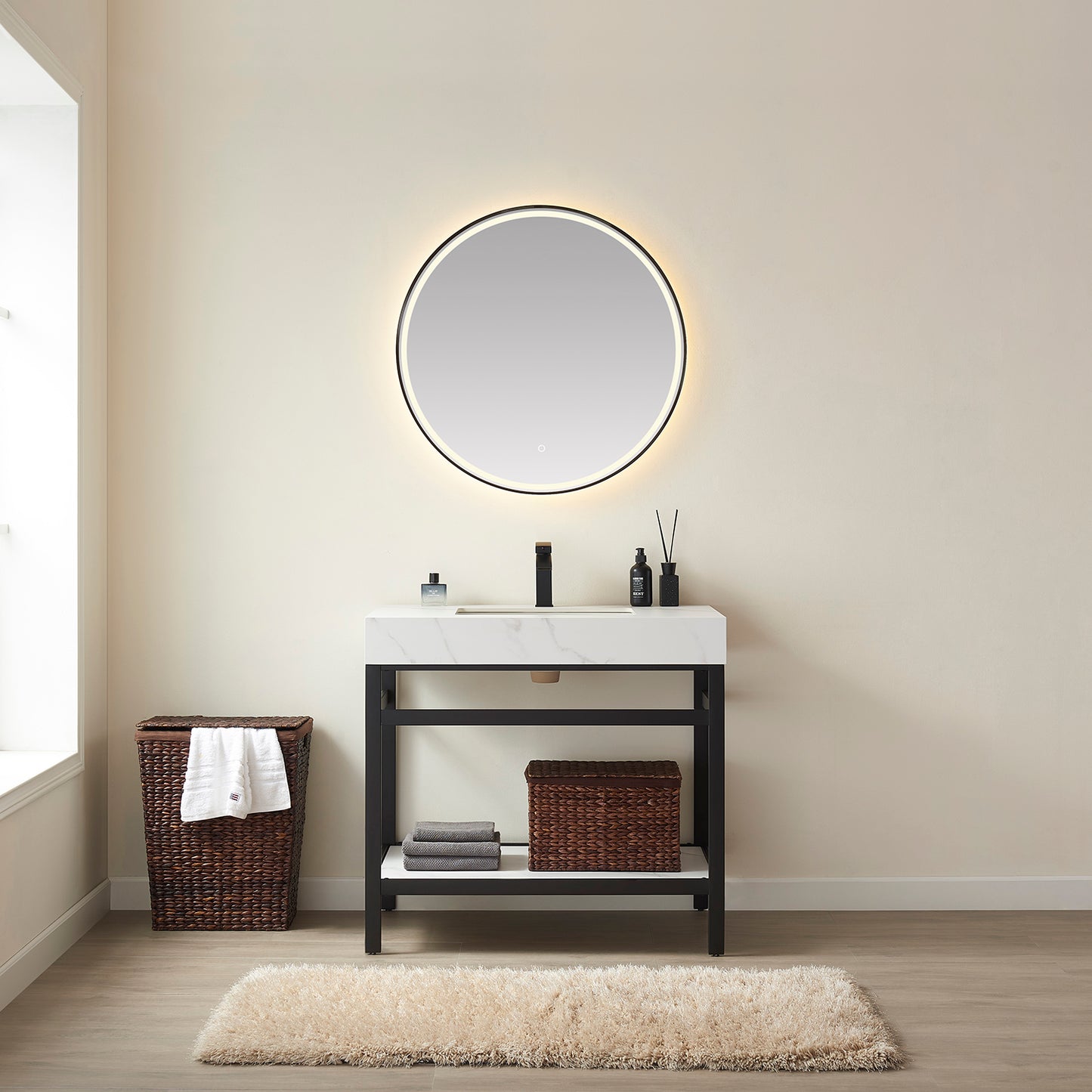 Vinnova, Funes 36" Single Sink Bath Vanity in Matt Black Metal Support with White Sintered Stone Top and Mirror