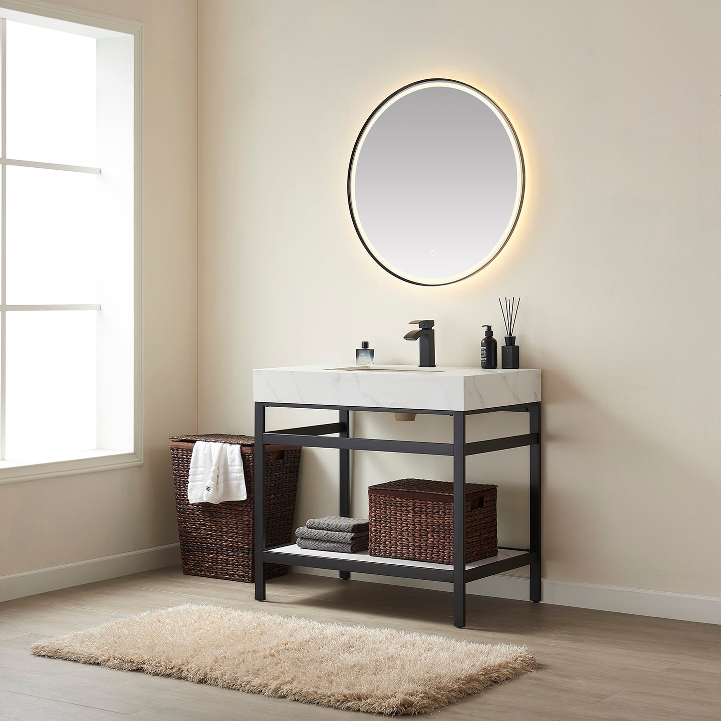 Vinnova, Funes 36" Single Sink Bath Vanity in Matt Black Metal Support with White Sintered Stone Top and Mirror