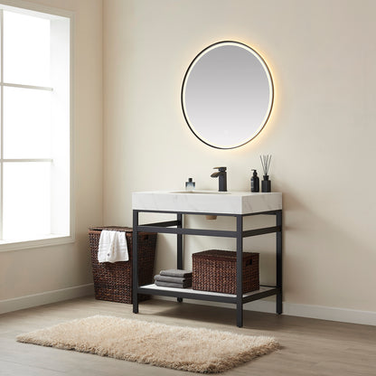 Vinnova, Funes 36" Single Sink Bath Vanity in Matt Black Metal Support with White Sintered Stone Top and Mirror