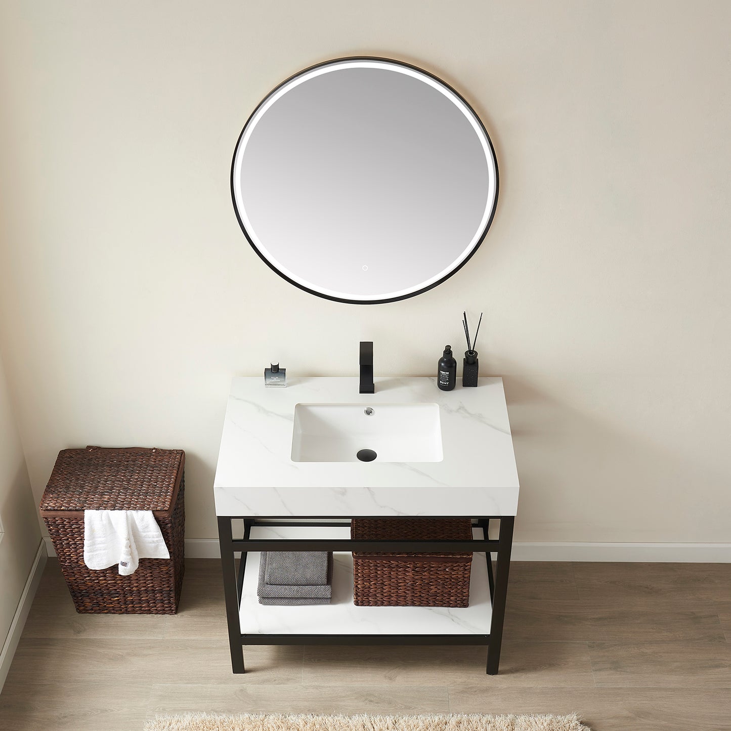 Vinnova, Funes 36" Single Sink Bath Vanity in Matt Black Metal Support with White Sintered Stone Top and Mirror