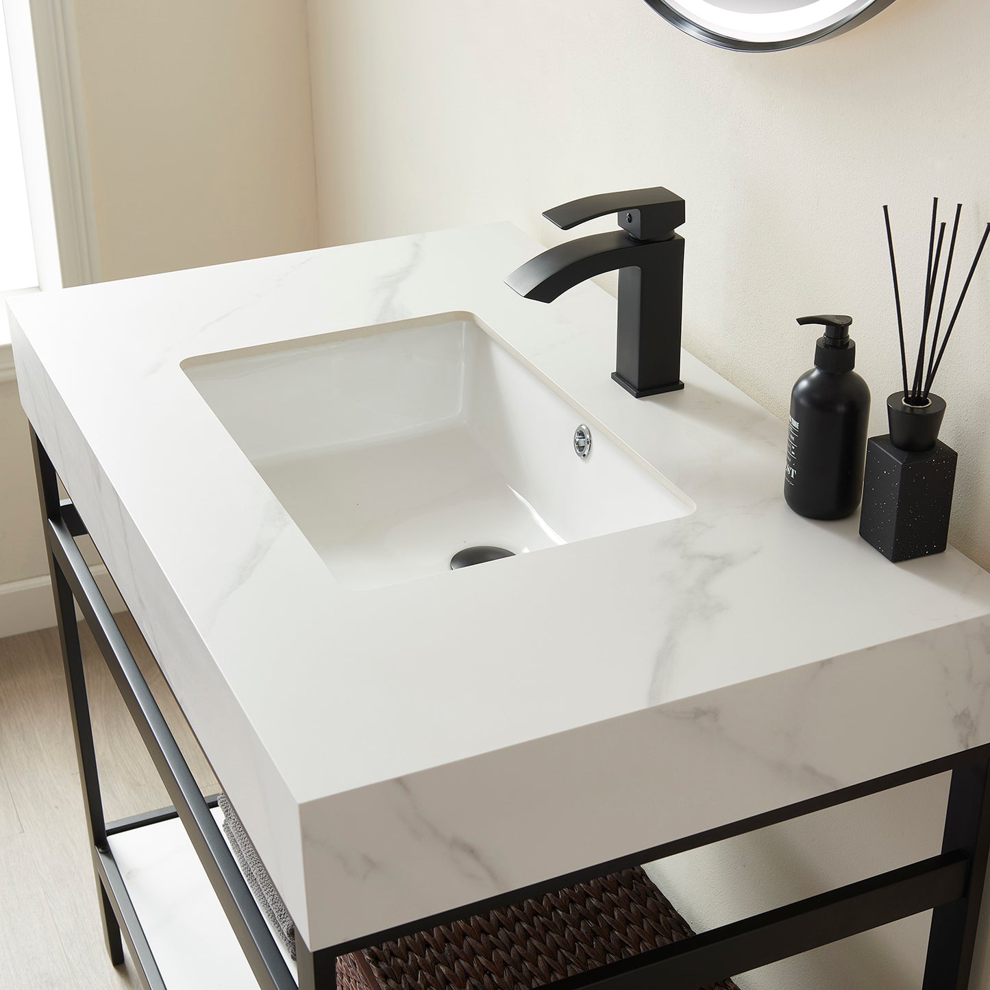 Vinnova, Funes 36" Single Sink Bath Vanity in Matt Black Metal Support with White Sintered Stone Top and Mirror