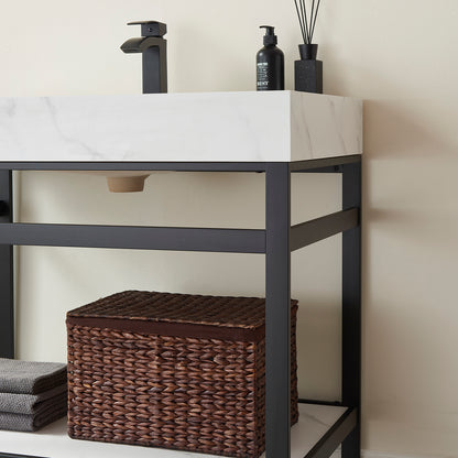 Vinnova, Funes 36" Single Sink Bath Vanity in Matt Black Metal Support with White Sintered Stone Top and Mirror