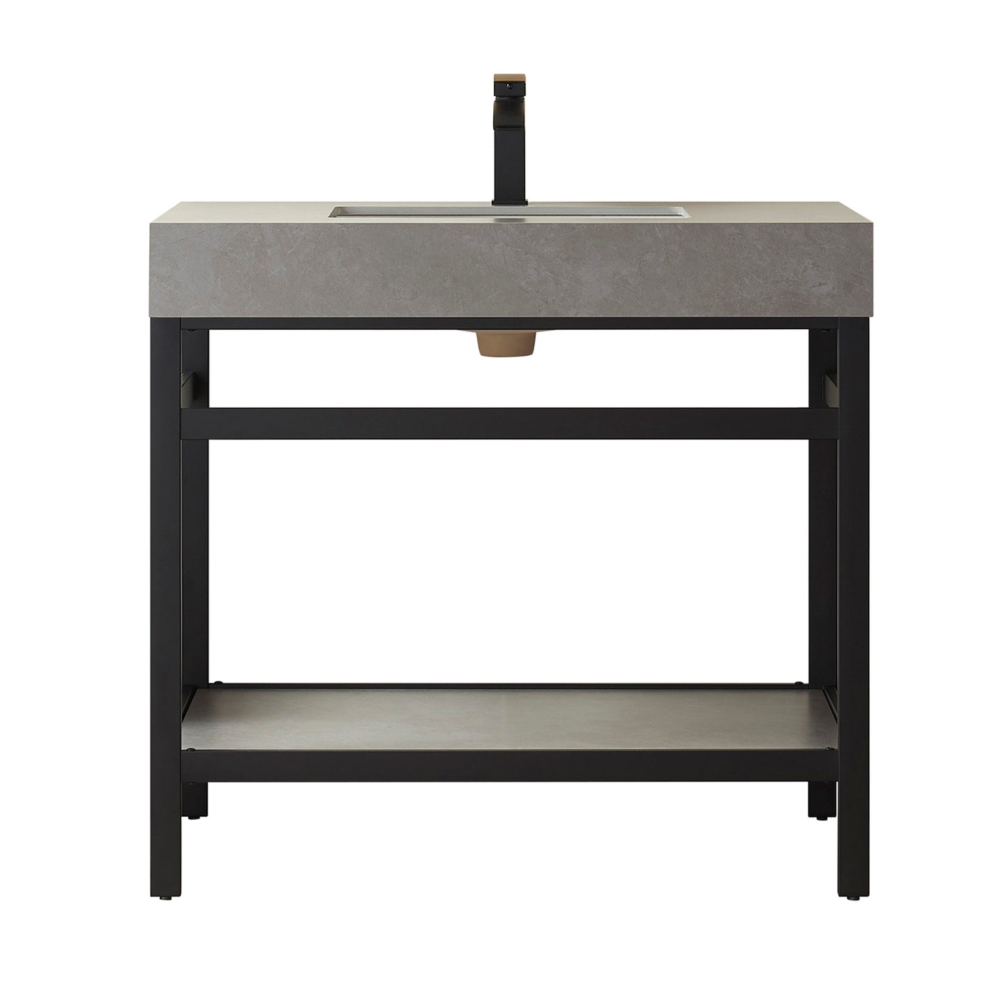 Vinnova, Funes 36" Single Sink Bath Vanity in Matt Black Metal Support with Grey Sintered Stone Top