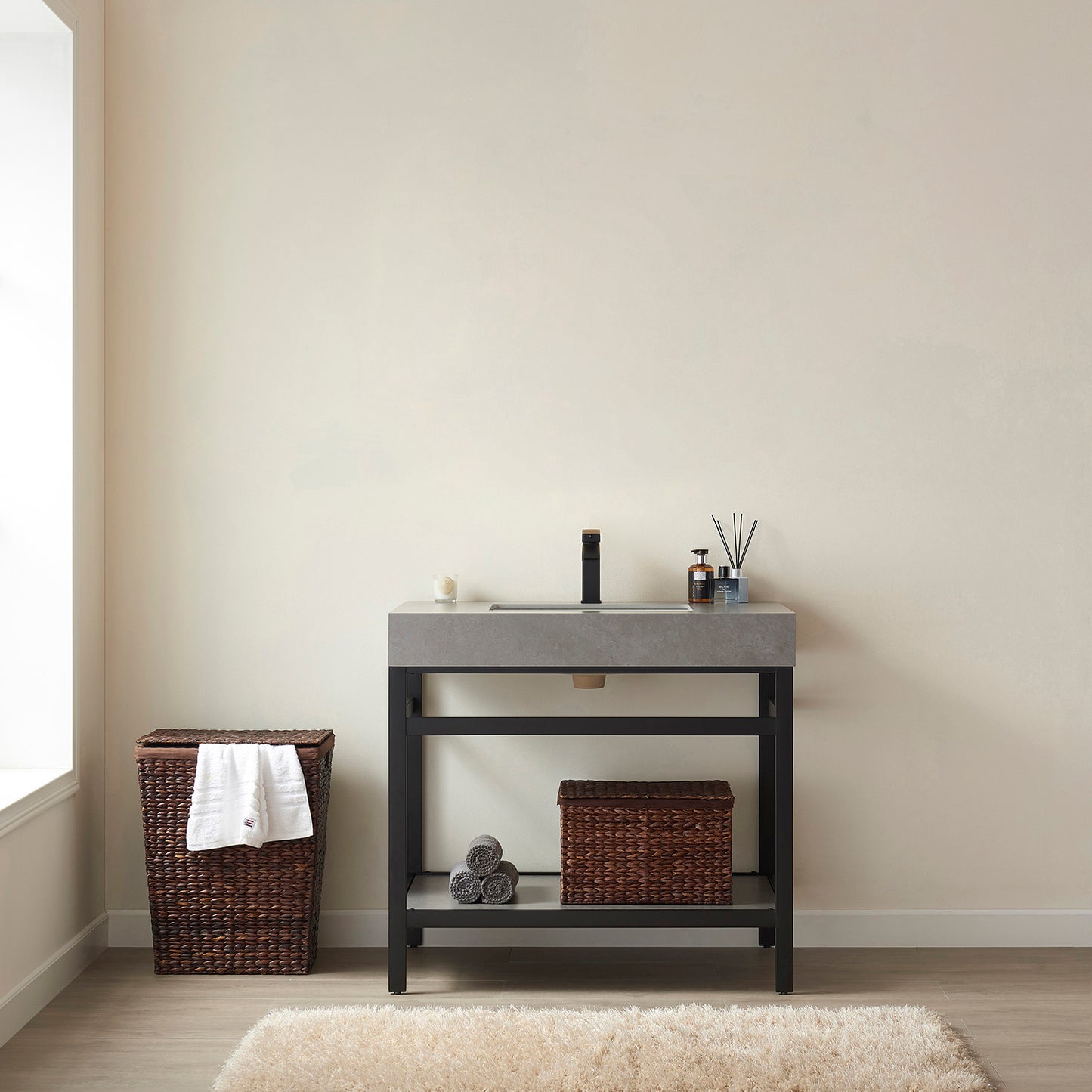 Vinnova, Funes 36" Single Sink Bath Vanity in Matt Black Metal Support with Grey Sintered Stone Top