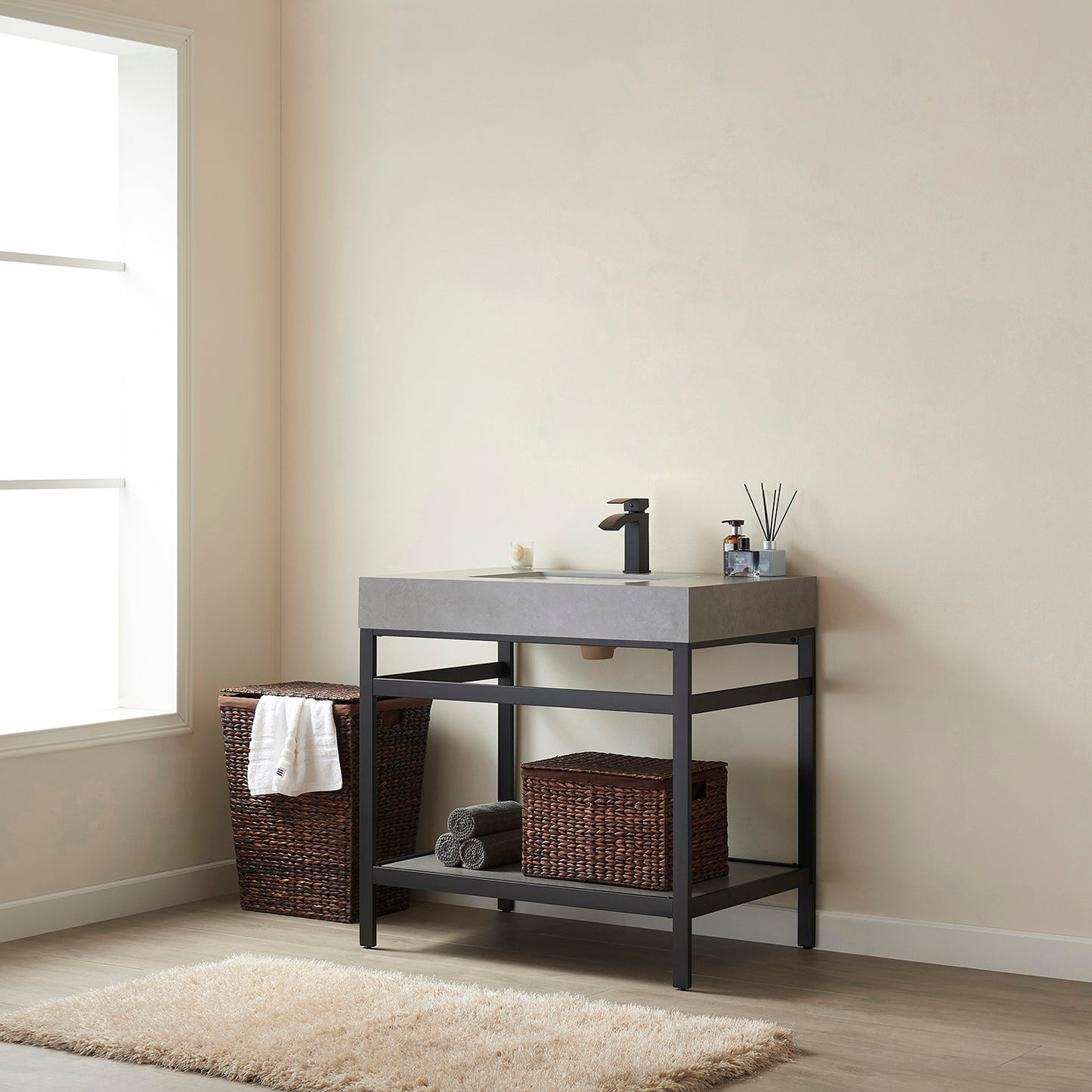 Vinnova, Funes 36" Single Sink Bath Vanity in Matt Black Metal Support with Grey Sintered Stone Top