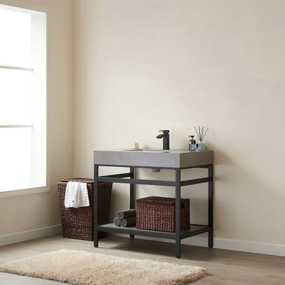Vinnova, Funes 36" Single Sink Bath Vanity in Matt Black Metal Support with Grey Sintered Stone Top