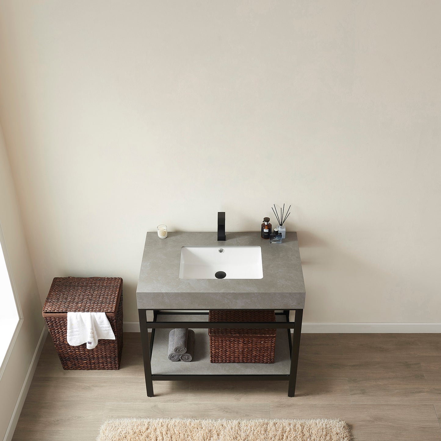Vinnova, Funes 36" Single Sink Bath Vanity in Matt Black Metal Support with Grey Sintered Stone Top
