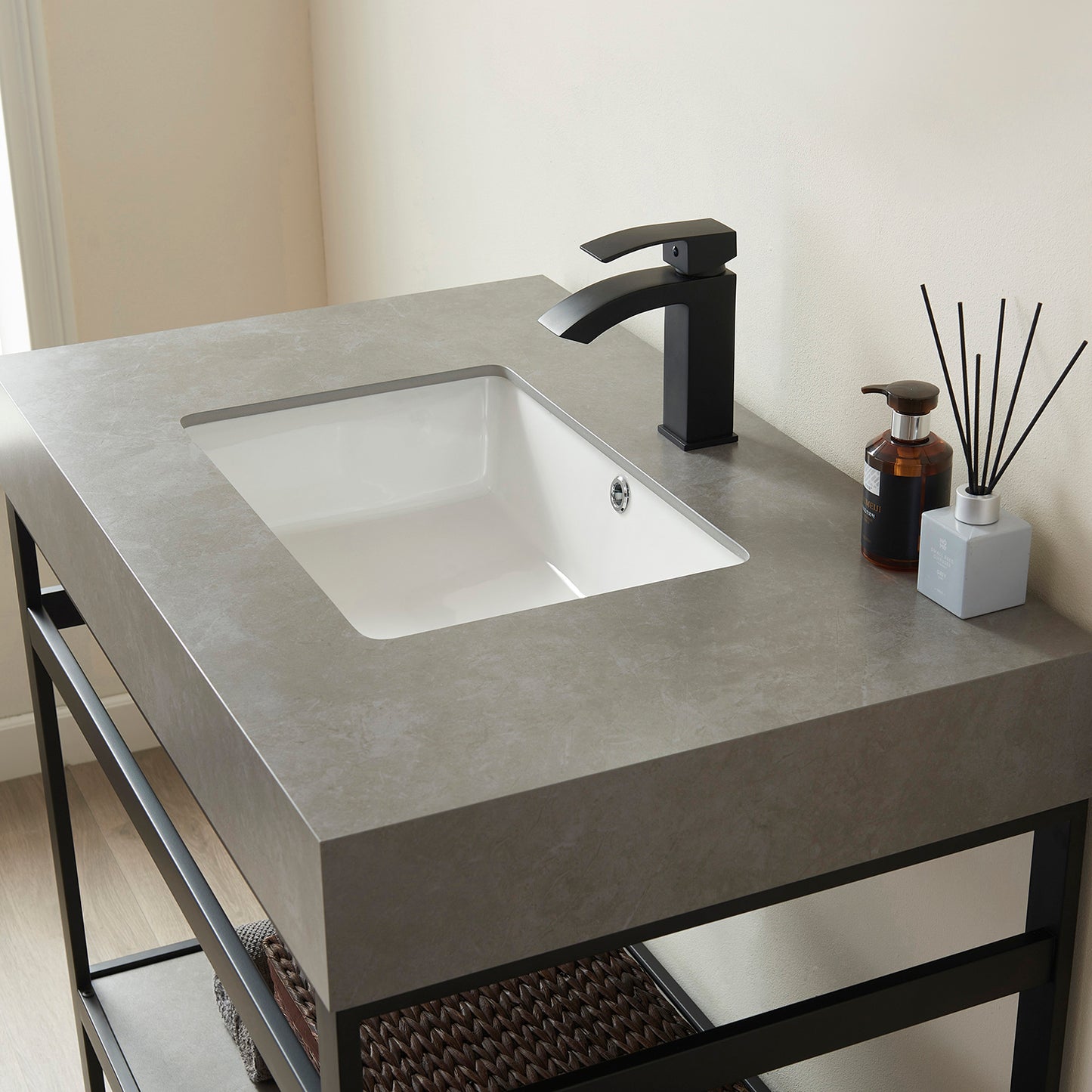 Vinnova, Funes 36" Single Sink Bath Vanity in Matt Black Metal Support with Grey Sintered Stone Top