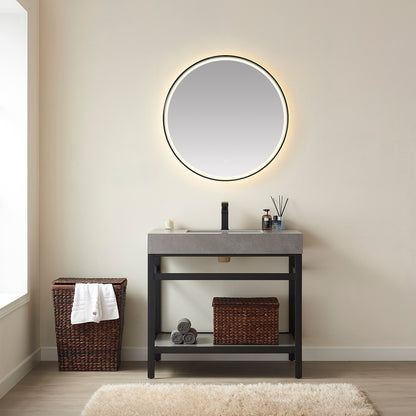 Vinnova, Funes 36" Single Sink Bath Vanity in Matt Black Metal Support with Grey Sintered Stone Top and Mirror