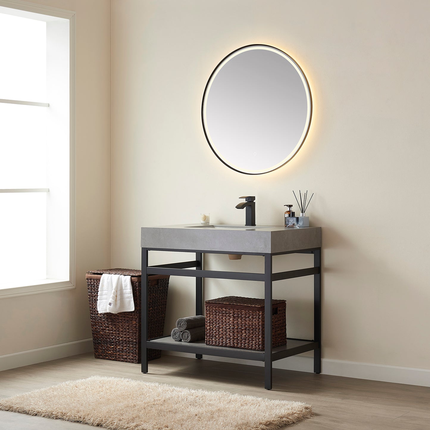 Vinnova, Funes 36" Single Sink Bath Vanity in Matt Black Metal Support with Grey Sintered Stone Top and Mirror