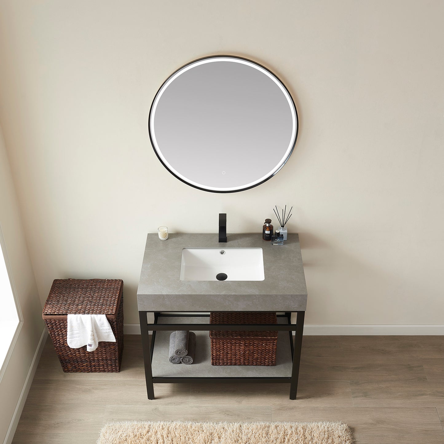 Vinnova, Funes 36" Single Sink Bath Vanity in Matt Black Metal Support with Grey Sintered Stone Top and Mirror