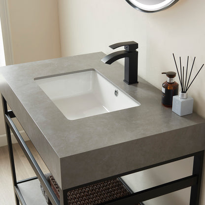 Vinnova, Funes 36" Single Sink Bath Vanity in Matt Black Metal Support with Grey Sintered Stone Top and Mirror