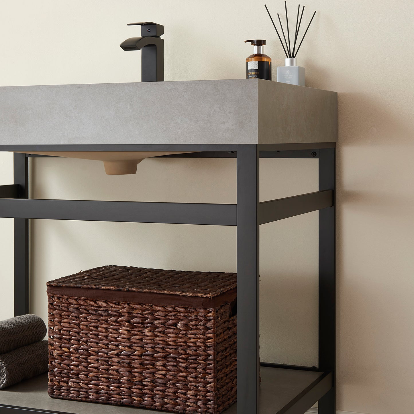 Vinnova, Funes 36" Single Sink Bath Vanity in Matt Black Metal Support with Grey Sintered Stone Top and Mirror