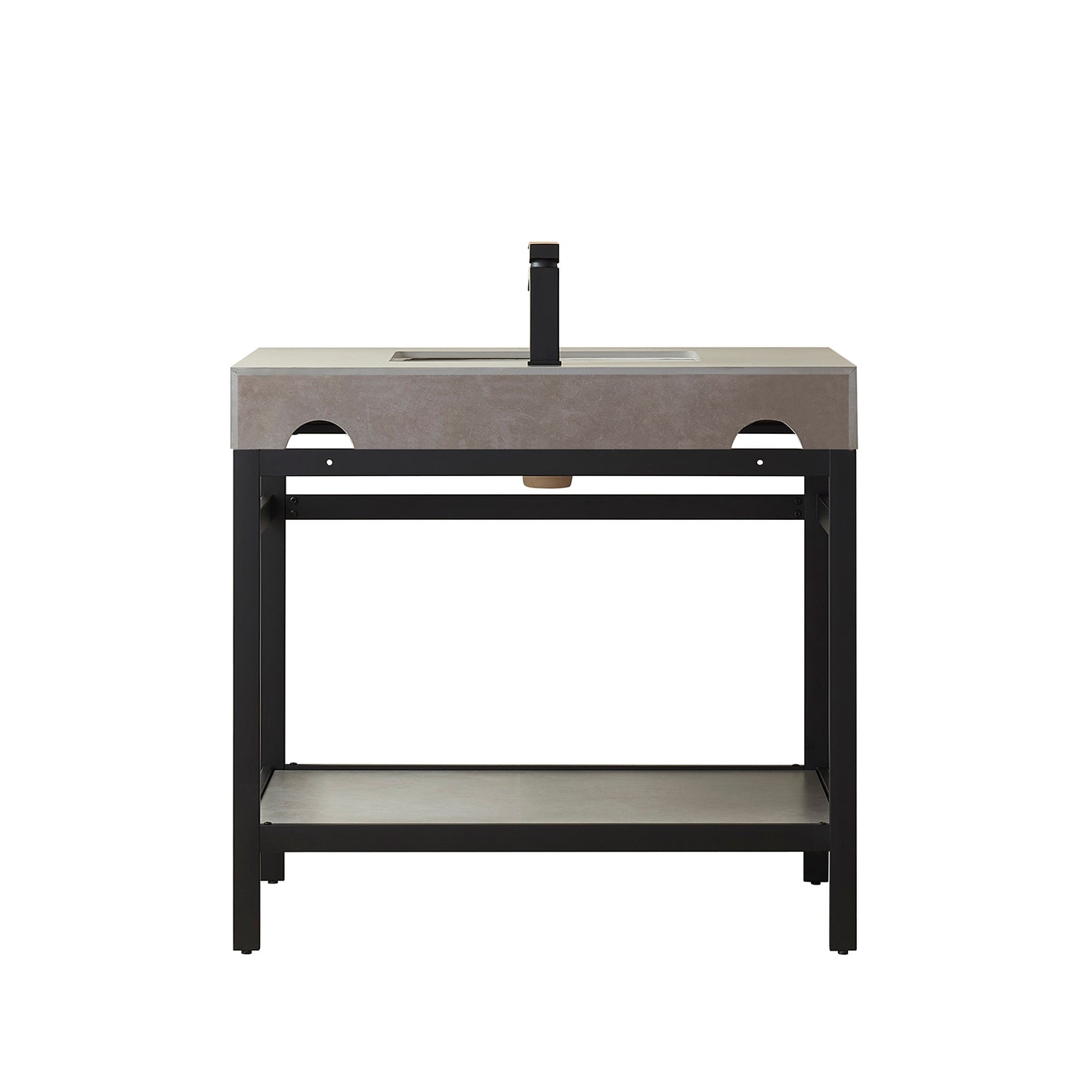 Vinnova, Funes 36" Single Sink Bath Vanity in Matt Black Metal Support with Grey Sintered Stone Top and Mirror