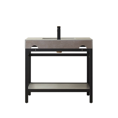 Vinnova, Funes 36" Single Sink Bath Vanity in Matt Black Metal Support with Grey Sintered Stone Top and Mirror