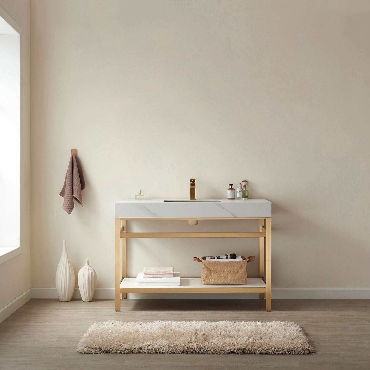 Vinnova, Funes 48" Single Sink Bath Vanity in Brushed Gold Metal Support with White Sintered Stone Top