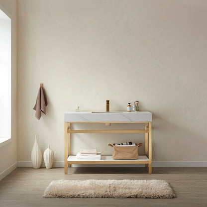 Vinnova, Funes 48" Single Sink Bath Vanity in Brushed Gold Metal Support with White Sintered Stone Top