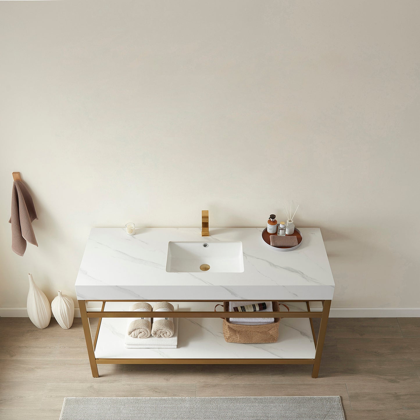 Vinnova, Funes 48" Single Sink Bath Vanity in Brushed Gold Metal Support with White Sintered Stone Top