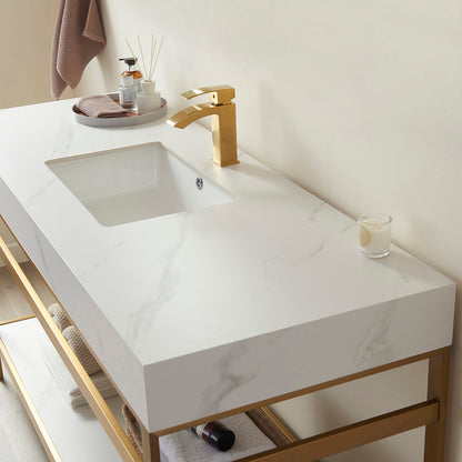 Vinnova, Funes 48" Single Sink Bath Vanity in Brushed Gold Metal Support with White Sintered Stone Top