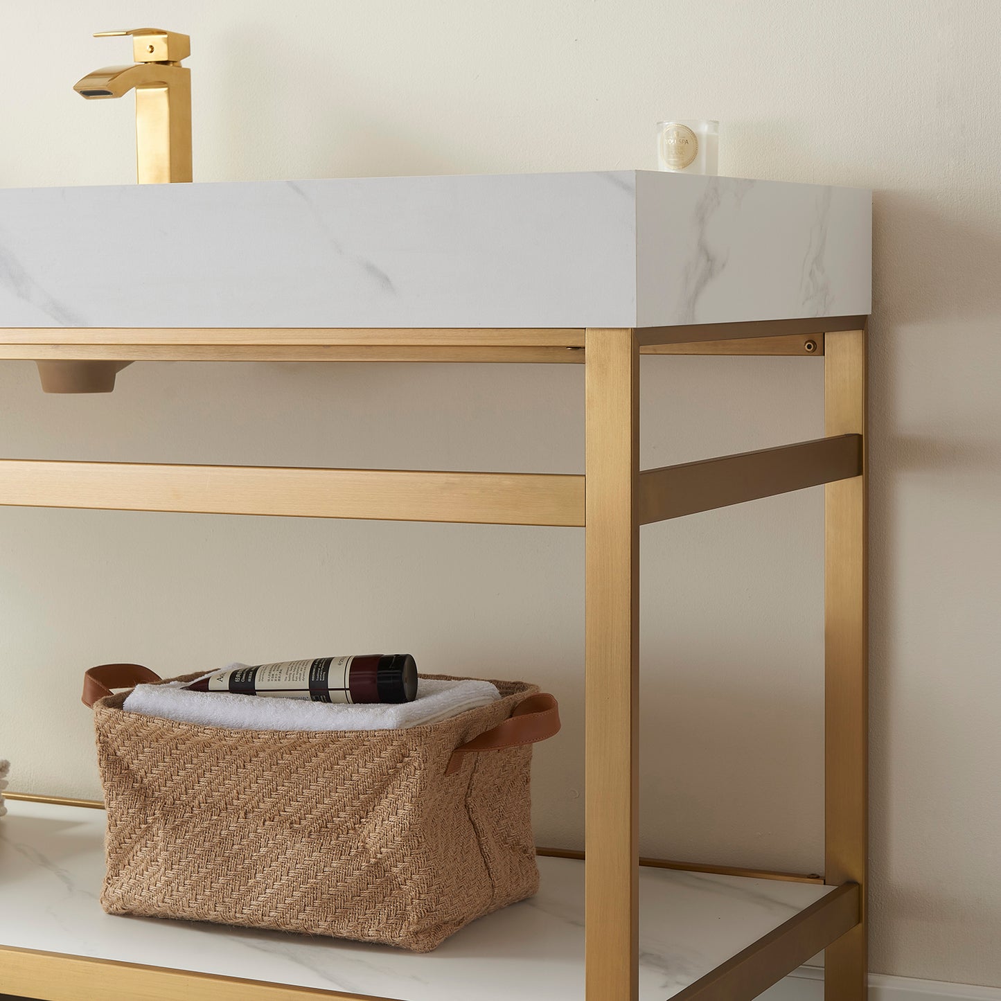 Vinnova, Funes 48" Single Sink Bath Vanity in Brushed Gold Metal Support with White Sintered Stone Top