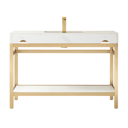 Vinnova, Funes 48" Single Sink Bath Vanity in Brushed Gold Metal Support with White Sintered Stone Top