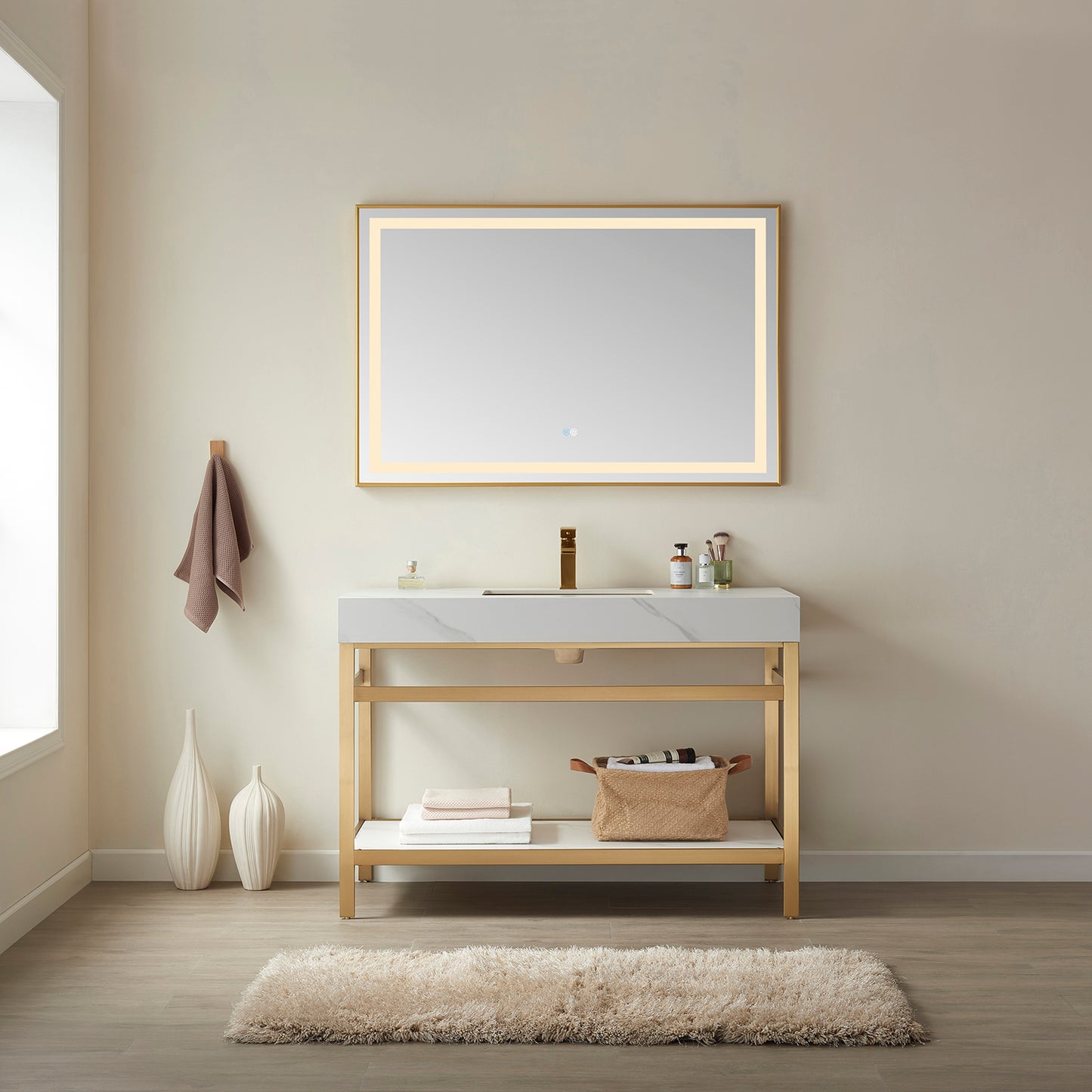 Vinnova, Funes 48" Single Sink Bath Vanity in Brushed Gold Metal Support with White Sintered Stone Top and Mirror