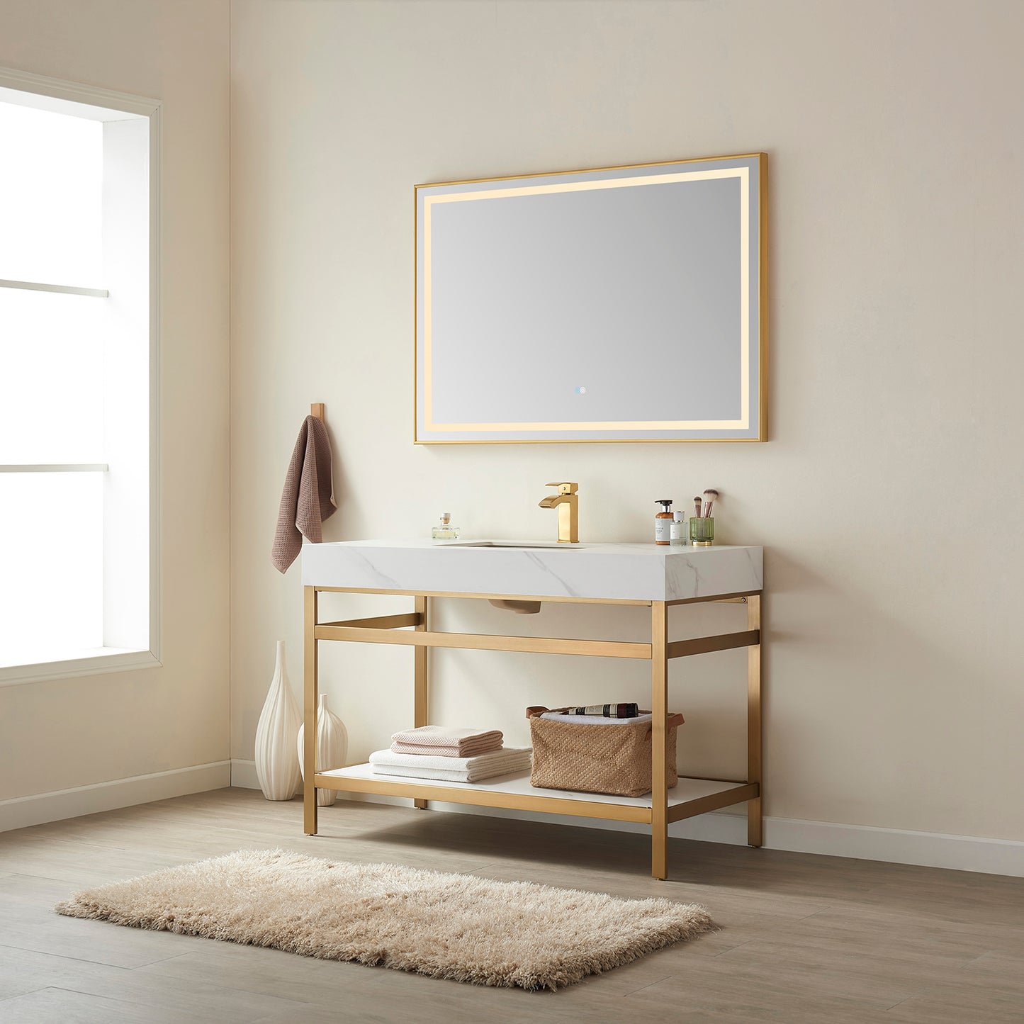 Vinnova, Funes 48" Single Sink Bath Vanity in Brushed Gold Metal Support with White Sintered Stone Top and Mirror