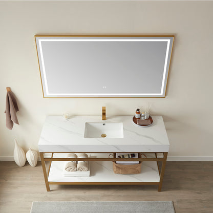 Vinnova, Funes 48" Single Sink Bath Vanity in Brushed Gold Metal Support with White Sintered Stone Top and Mirror