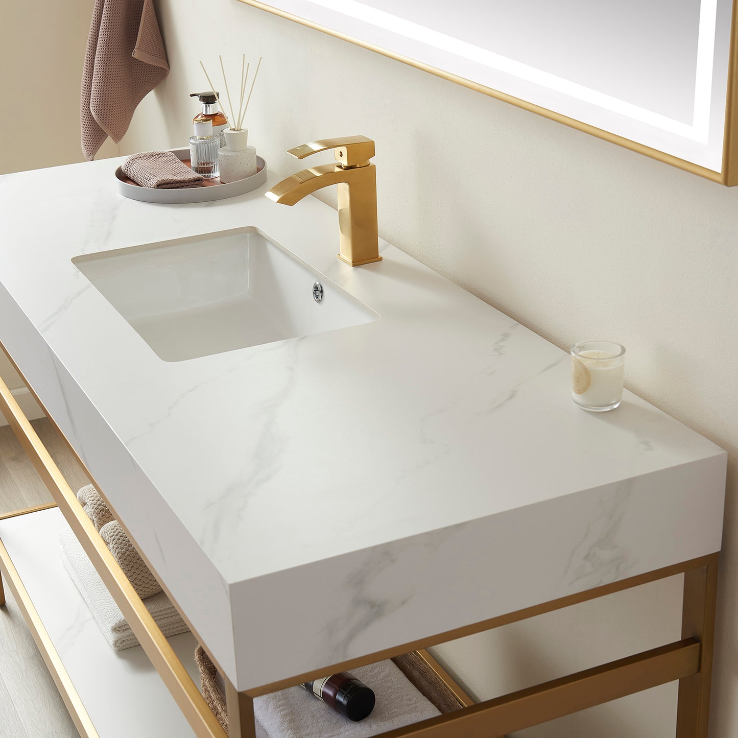 Vinnova, Funes 48" Single Sink Bath Vanity in Brushed Gold Metal Support with White Sintered Stone Top and Mirror