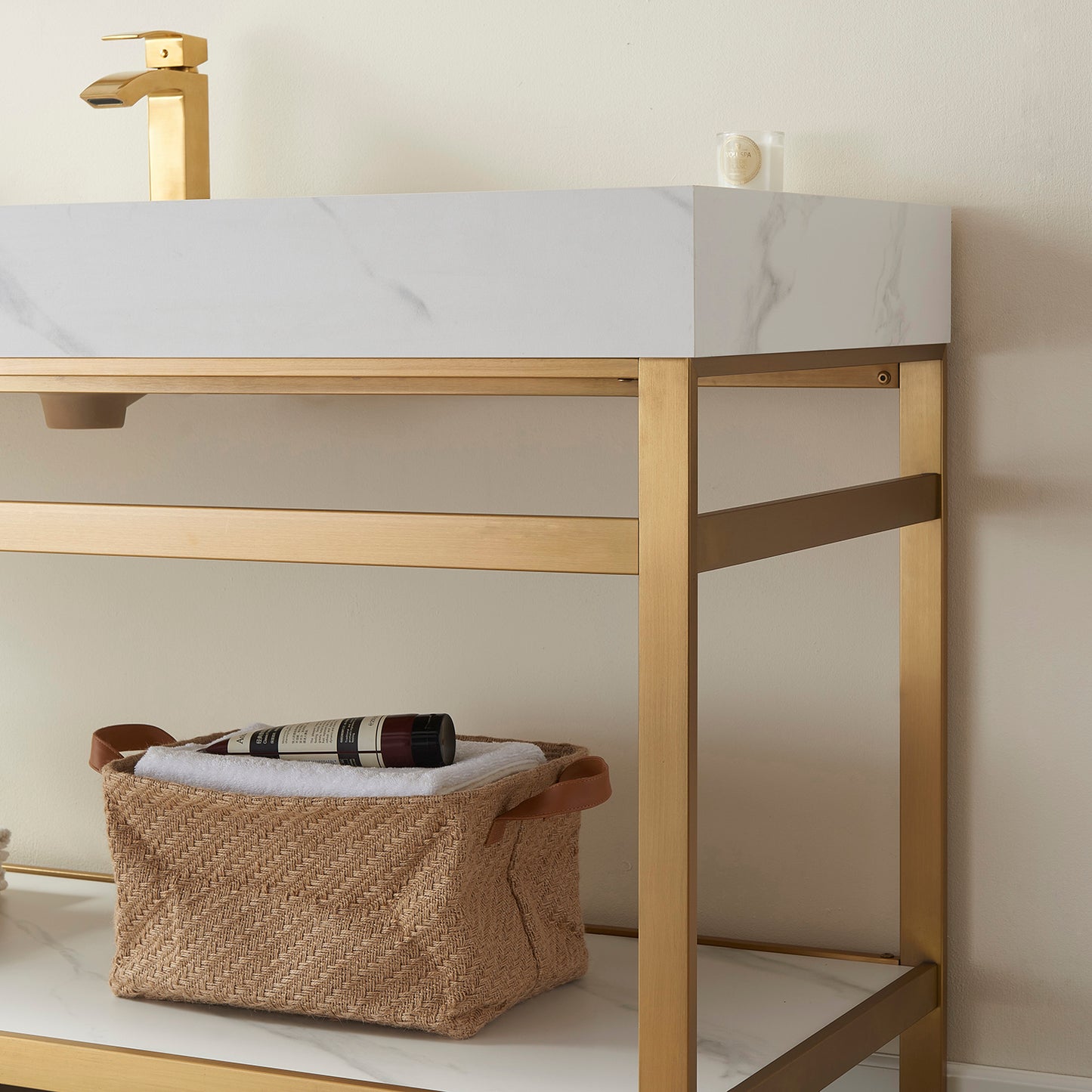 Vinnova, Funes 48" Single Sink Bath Vanity in Brushed Gold Metal Support with White Sintered Stone Top and Mirror