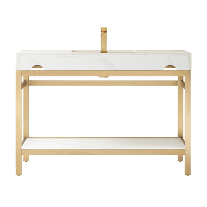 Vinnova, Funes 48" Single Sink Bath Vanity in Brushed Gold Metal Support with White Sintered Stone Top and Mirror