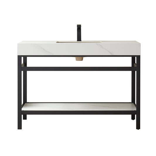 Vinnova, Funes 48" Single Sink Bath Vanity in Matt Black Metal Support with White Sintered Stone Top