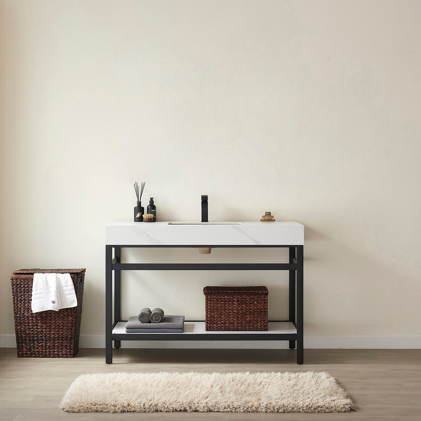 Vinnova, Funes 48" Single Sink Bath Vanity in Matt Black Metal Support with White Sintered Stone Top