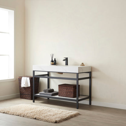 Vinnova, Funes 48" Single Sink Bath Vanity in Matt Black Metal Support with White Sintered Stone Top
