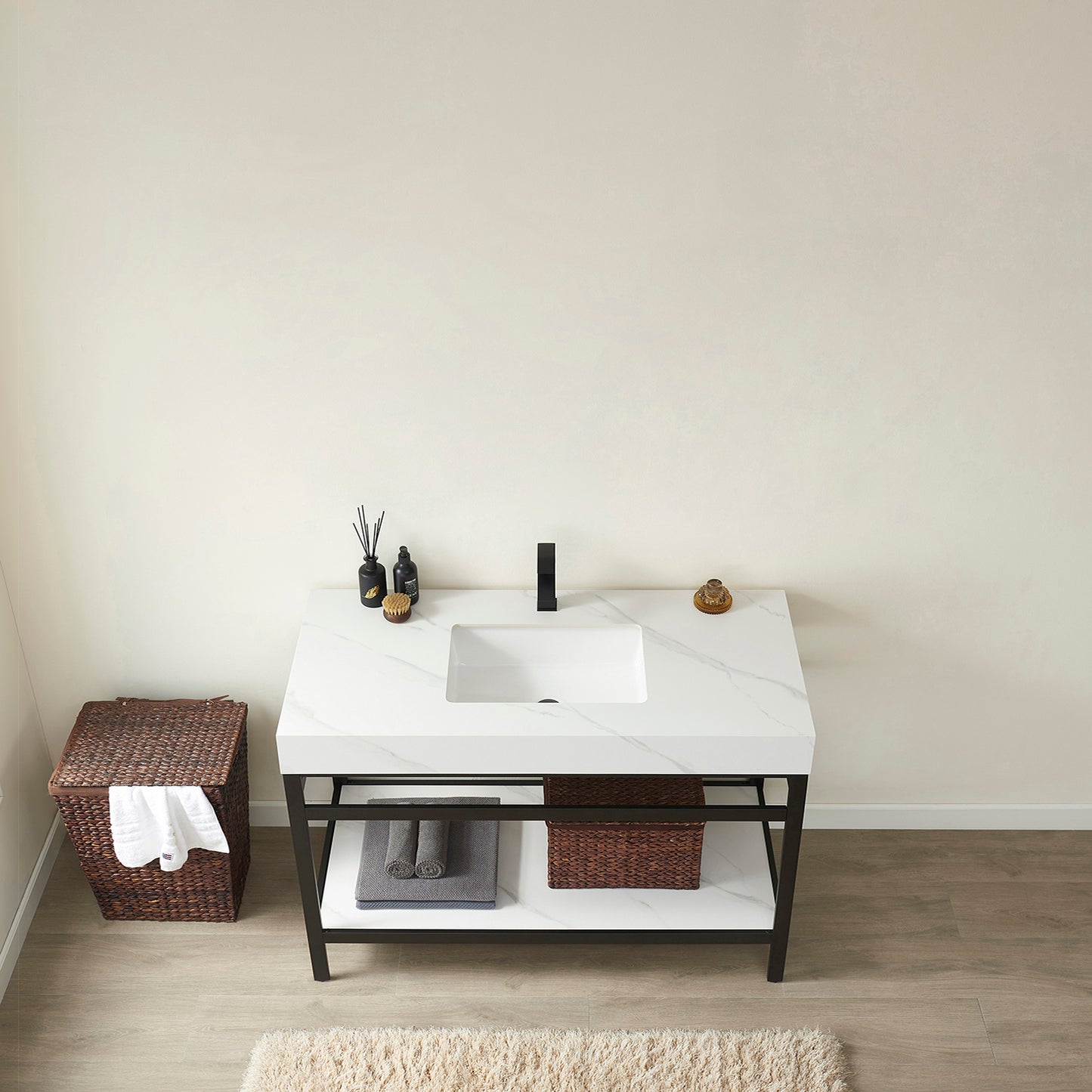 Vinnova, Funes 48" Single Sink Bath Vanity in Matt Black Metal Support with White Sintered Stone Top
