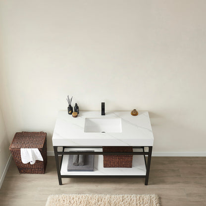 Vinnova, Funes 48" Single Sink Bath Vanity in Matt Black Metal Support with White Sintered Stone Top
