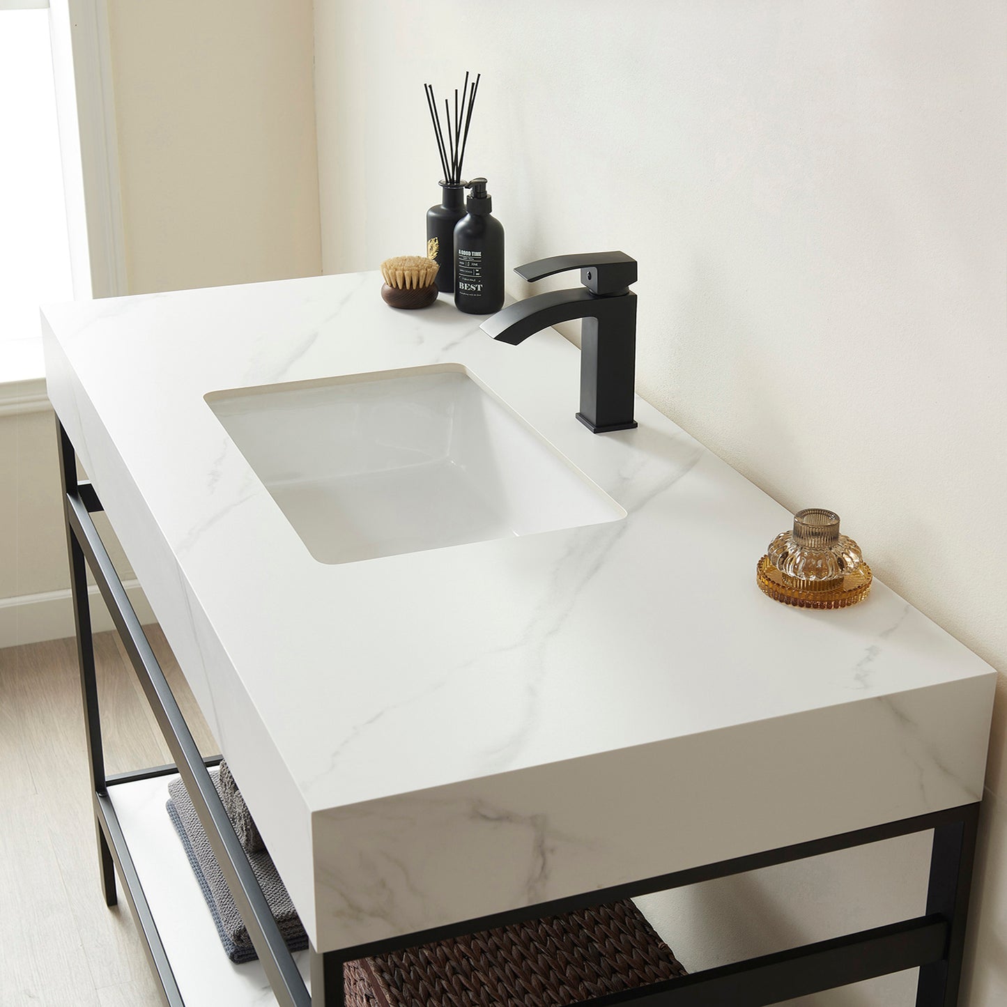Vinnova, Funes 48" Single Sink Bath Vanity in Matt Black Metal Support with White Sintered Stone Top
