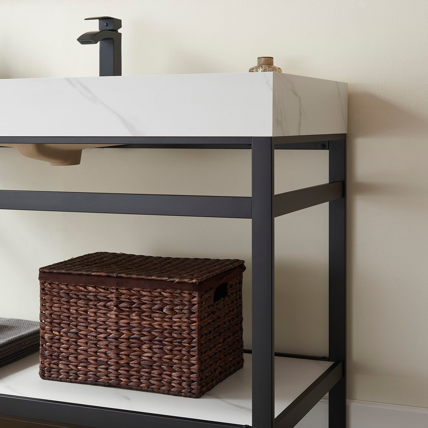 Vinnova, Funes 48" Single Sink Bath Vanity in Matt Black Metal Support with White Sintered Stone Top