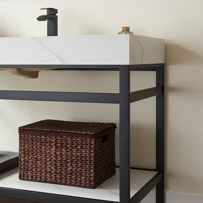 Vinnova, Funes 48" Single Sink Bath Vanity in Matt Black Metal Support with White Sintered Stone Top