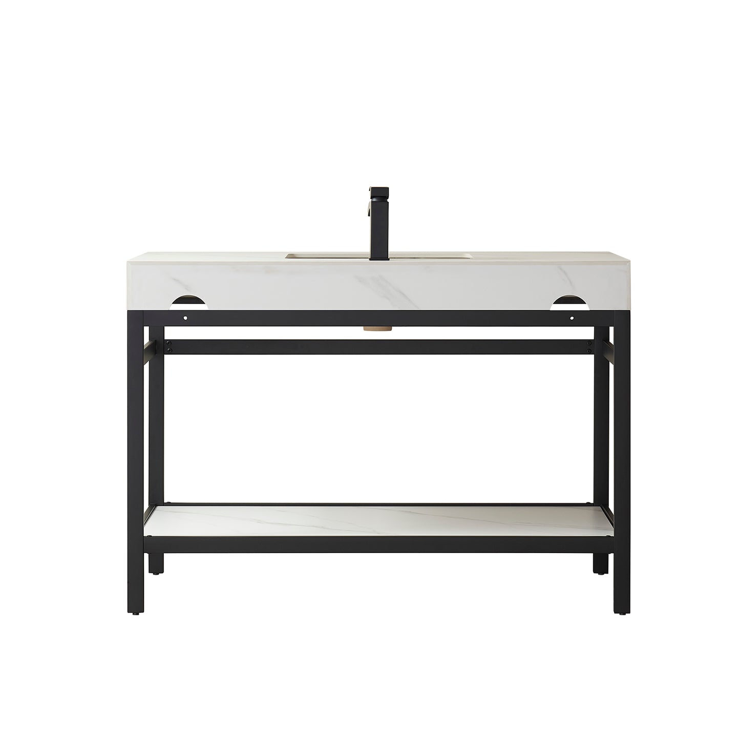 Vinnova, Funes 48" Single Sink Bath Vanity in Matt Black Metal Support with White Sintered Stone Top